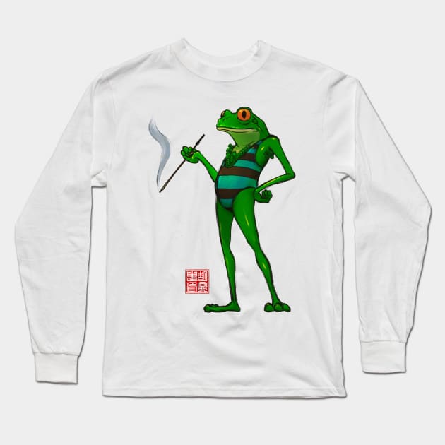 Frog Smoking in Swimsuit Long Sleeve T-Shirt by DingHuArt